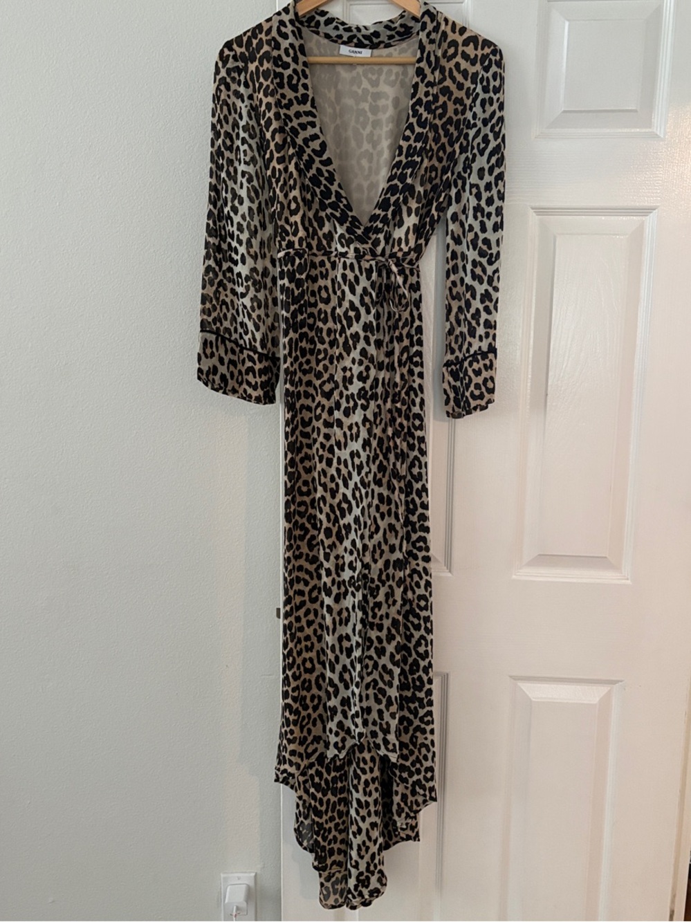 Leopard Print High-Low Wrap Dress in Beige/Black by Ganni